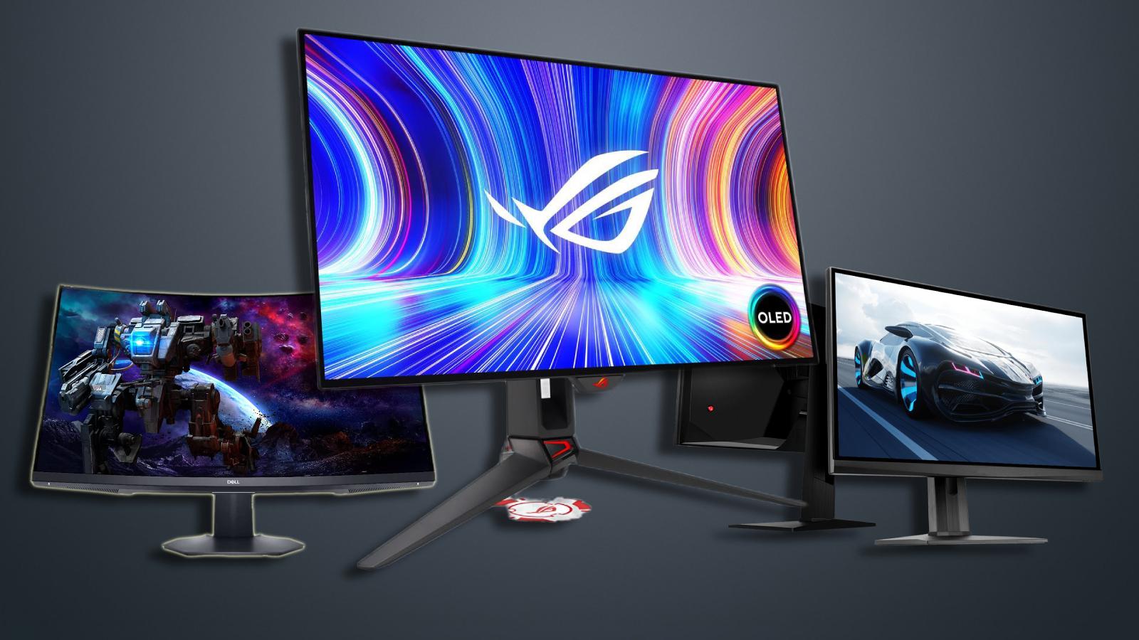 Three of the best gaming monitors stacked side-by-side on a dark background