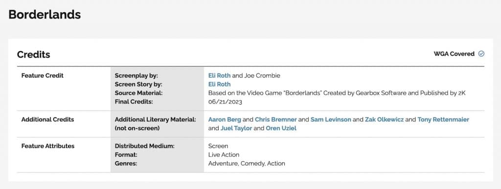 Screenshot of the Borderlands project on the WGA website