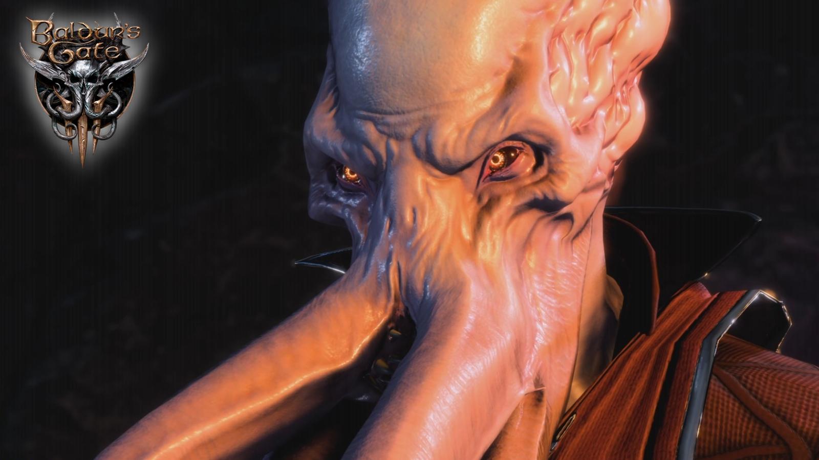 an image of a Mind Flayer in Baldur's Gate 3 with the game's logo on top left