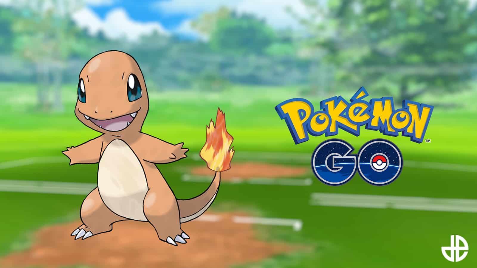 An image of Charmander from the anime on a Pokemon Go background with the logo