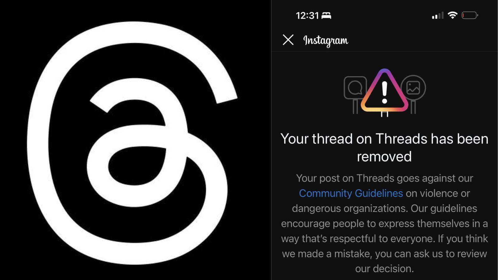 Threads logo and screenshot of threads account suspension